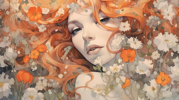 Obraz kobiety z pomarańczowymi włosami i pomarańczowymi kwiatami