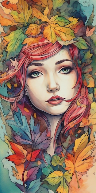 Obraz kobiety z rudymi włosami i liśćmi wokół twarzy.