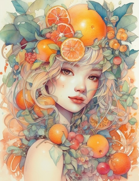 Obraz kobiety z wieńcem z pomarańczy i jagód.