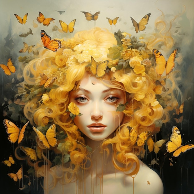 obraz kobiety z żółtymi włosami i motylami w włosach generatywny ai