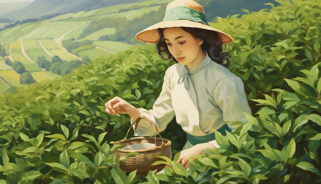 obraz kobiety zbierającej herbatę na polu
