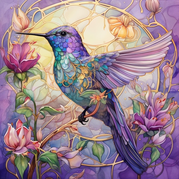 obraz kolibra z fioletowym tłem i kwiatami generatywnymi ai