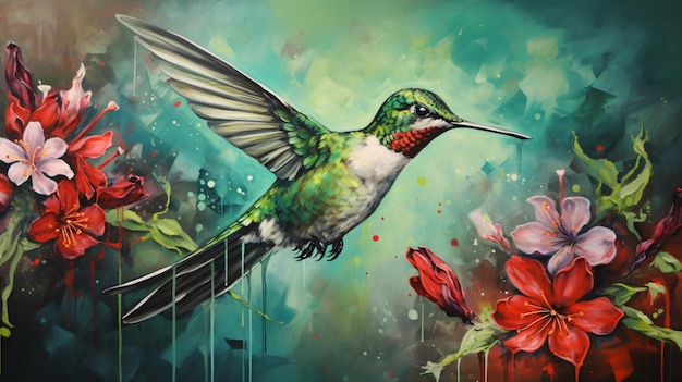 Obraz kolibri i kwiatów na zielonym