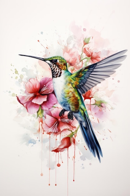 obraz kolibri z kwiatami i ptakem