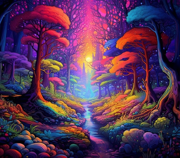 obraz kolorowego lasu z przepływającym przez niego strumieniem generatywnym ai