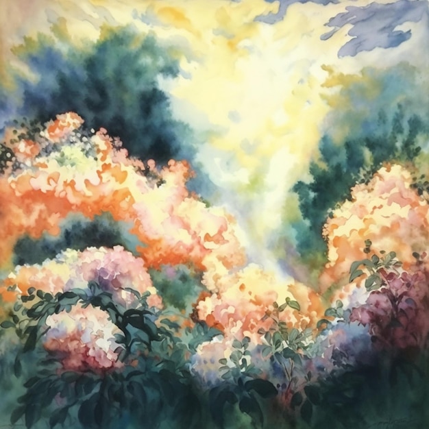 Obraz kolorowego nieba z chmurami i kwiatami generatywny ai