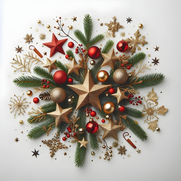 Obraz kompozycji świątecznej z gałęziami sosny Złote czerwone gwiazdy i kulki