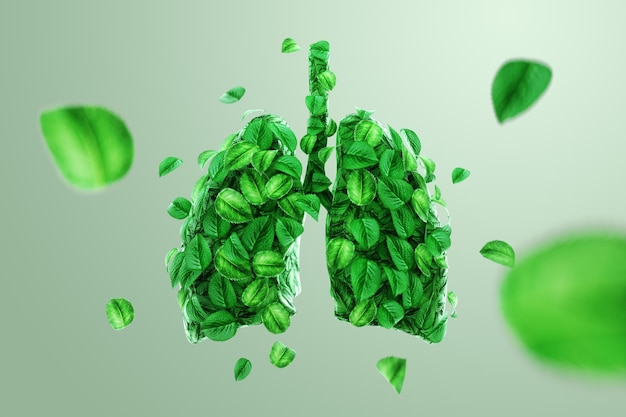 Obraz koncepcyjny ludzkie płuca wykonane z zielonych liści drzewa płuca planety świeży oddech ekologia czysta energia nowoczesny design styl magazynu Kopiuj przestrzeń Ilustracja 3D Renderowanie 3D