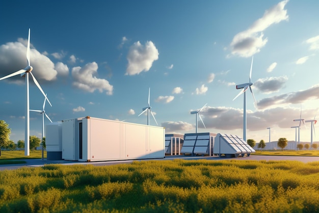 Zdjęcie obraz koncepcyjny nowoczesnego systemu przechowywania energii bateryjnej z turbinami wiatrowymi i słonecznymi