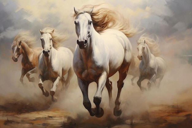 obraz koni biegnących we mgle.