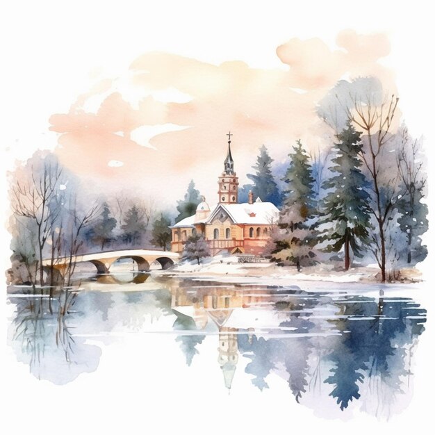Zdjęcie obraz kościoła w śnieżny dzień z mostem generatywny ai