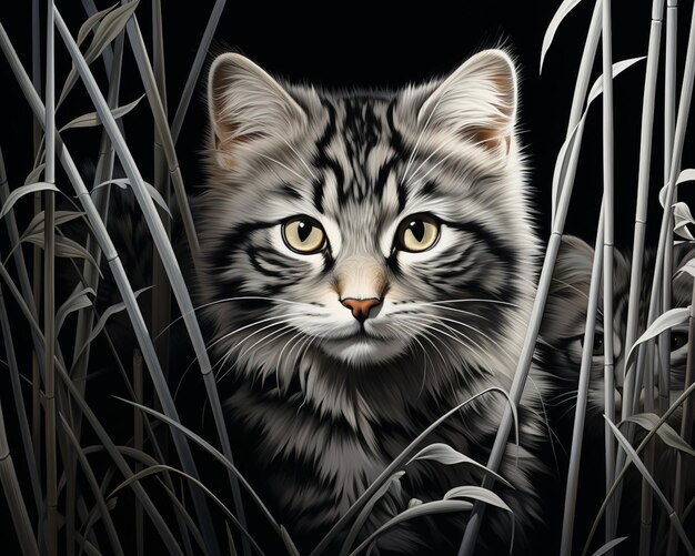 obraz kota w trawie z czarnym tłem generatywny ai