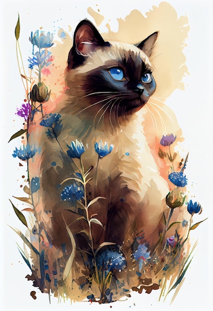 obraz kota z niebieskimi oczami siedzącego na polu kwiatów generatywny ai