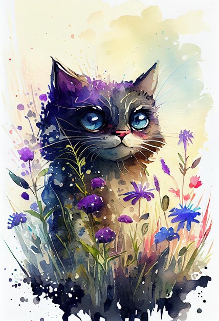 obraz kota z niebieskimi oczami siedzącego na polu kwiatów generatywny ai