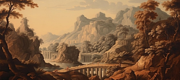obraz krajobrazu górskiego z mostem i rzeką generatywną ai