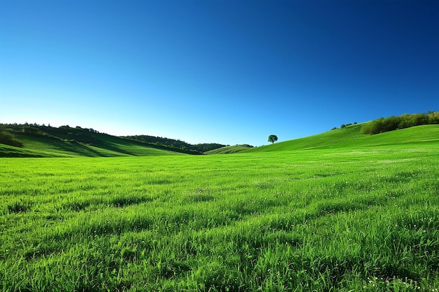 Zdjęcie obraz krajobrazu jasnego zielonego pola i czystego niebieskiego nieba