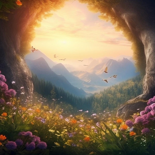 obraz krajobrazu z górami i kwiatami.