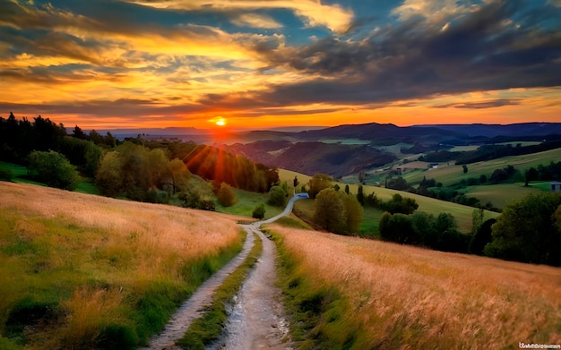 Obraz krajobrazu z wzgórzami i zachodem słońca ai generowany