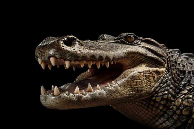 Obraz krokodyla otwiera usta na czarnym tle Wildlife Animals illustration Generative AI