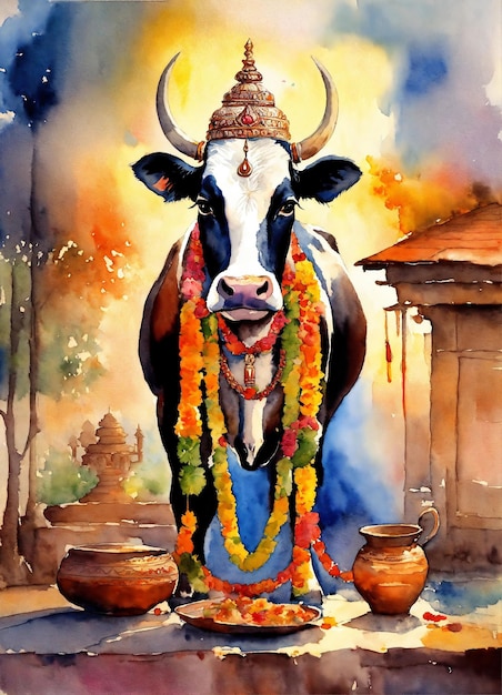 obraz krowy z kwiatem na głowie i kapeluszem na nim
