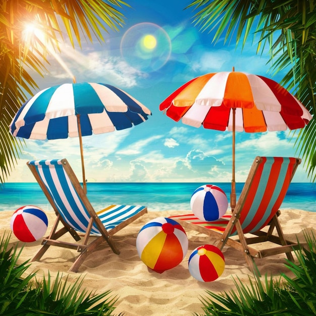 obraz krzeseł plażowych i parasol, który mówi plaża