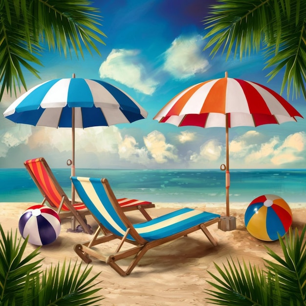 obraz krzeseł plażowych i parasoli z drzewami palmowymi na tle