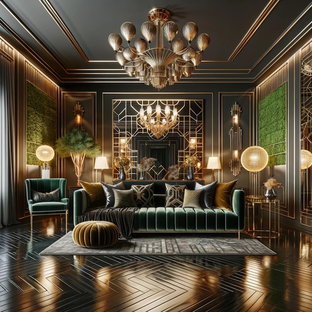 Obraz, który zawiera współczesny salon z inspiracją Art Deco