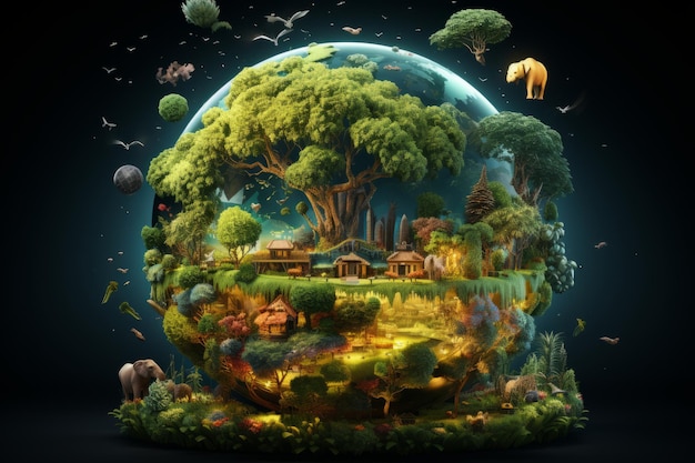 Zdjęcie obraz kuli ziemskiej z drzewami i zwierzętami