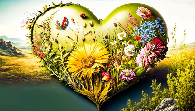 Zdjęcie obraz kwiatów i motyli w kształcie serca generatywna sztuczna inteligencja