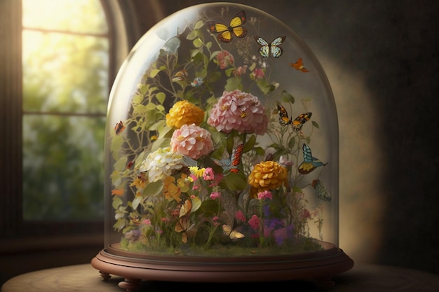 Obraz kwiatów w szklanej kopule