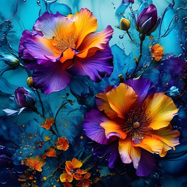obraz kwiatów z kropelami wody i słowami kwiaty