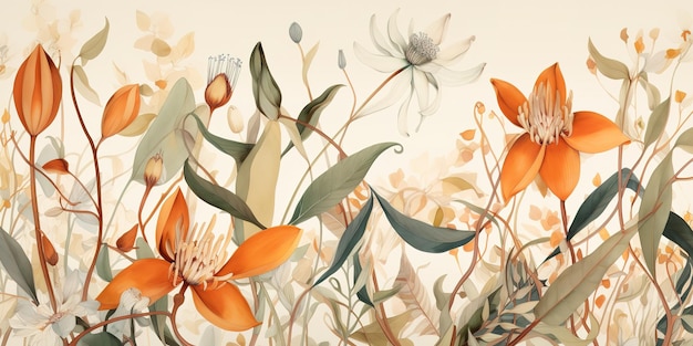 obraz kwiatów z pomarańczowymi płatkami i liśćmi z zielonym odcieniem