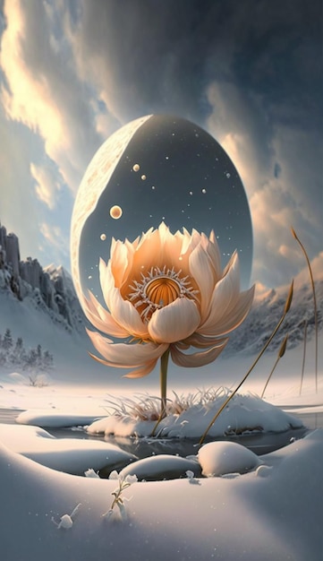 Obraz kwiatu na śniegu z księżycowym tłem generatywny ai