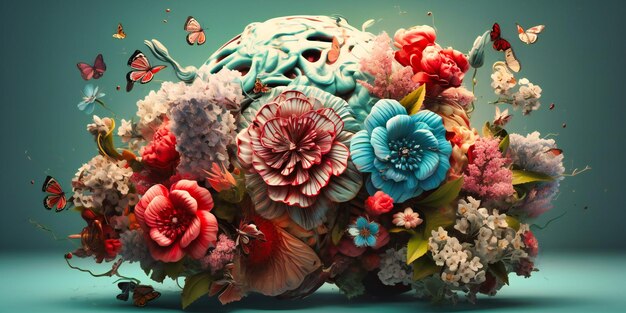 Obraz kwiecisty mózg z kwiatami i motylami