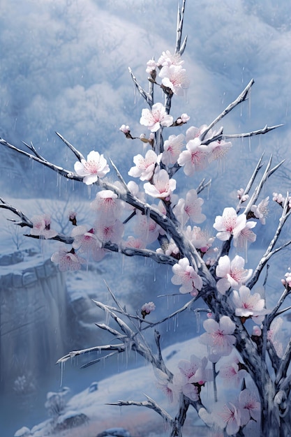 Obraz kwitnącego wiśniowego drzewa ze śniegiem na gałęziach