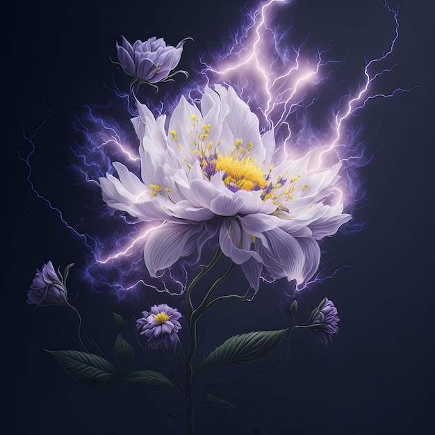 Obraz łączący energię błyskawicy z delikatnym pięknem kwitnących kwiatów