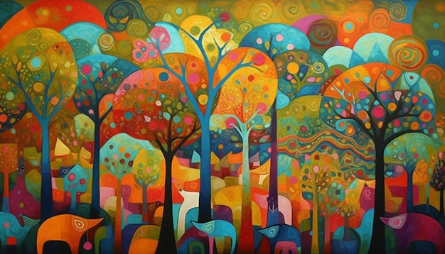 Obraz lasu z kolorowym obrazem drzew i psa.