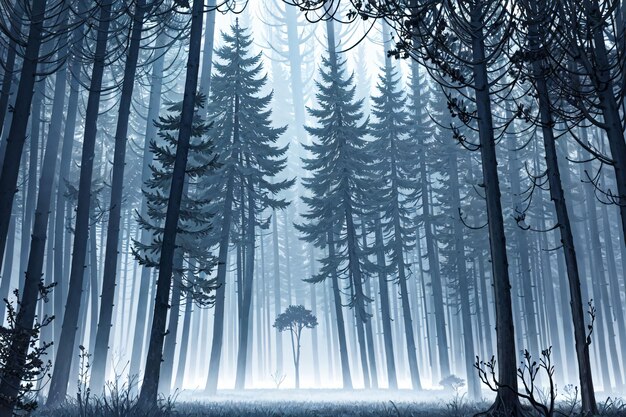 Obraz lasu z niebieskim tłem i drzewem pośrodku.