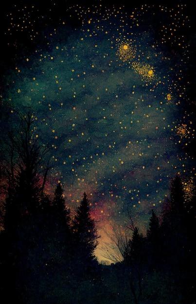 Obraz lasu z rozgwieżdżonym nocnym niebem i spacerującą po lesie parą.