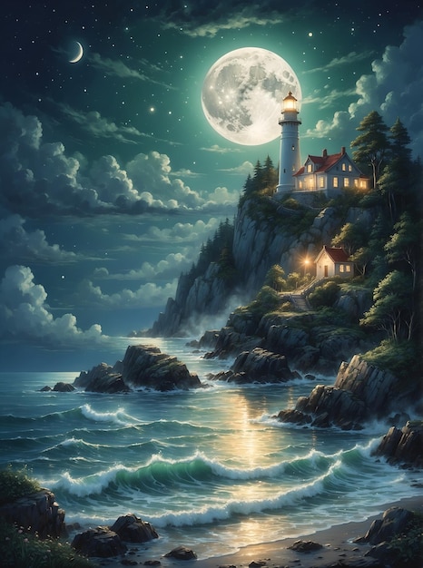 obraz latarni morskiej na nocnym niebie z księżycem na tle