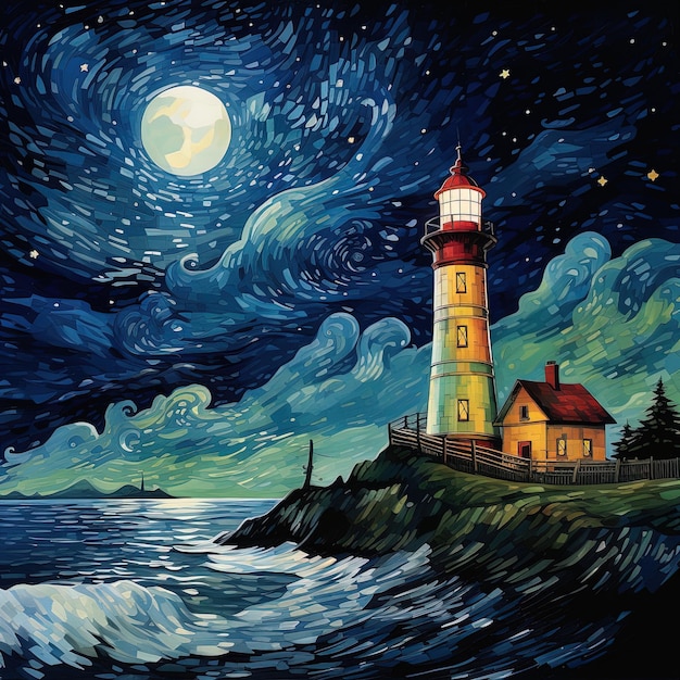 obraz latarni morskiej z pełnym księżycem na tle