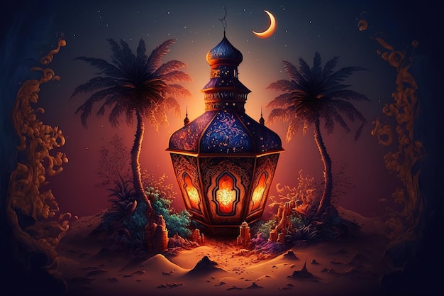 Obraz latarni na pustyni z palmami i księżycem.