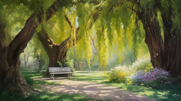 Zdjęcie obraz ławki w parku z drzewem w tle.