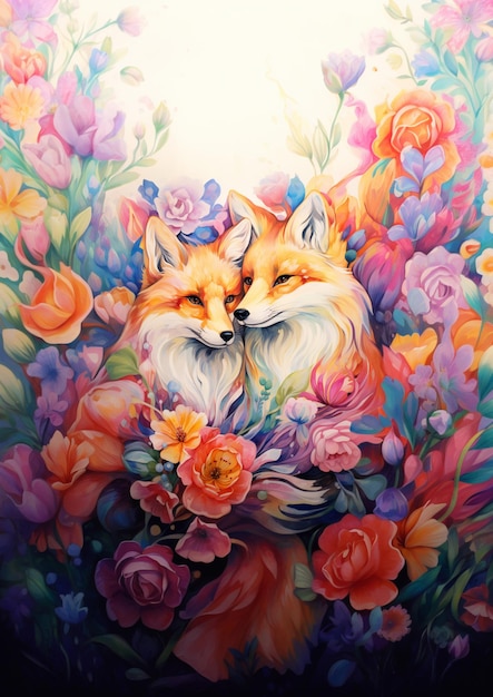 obraz lisia i psa na polu kwiatów generatywny ai