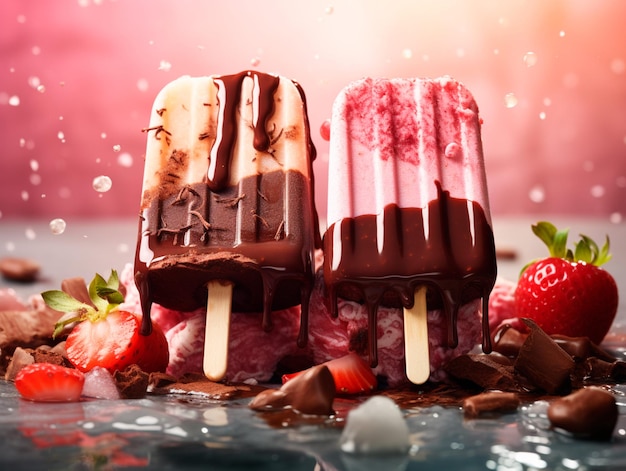 obraz lodów truskawkowych i czekoladowych z pięknymi truskawkami wokół