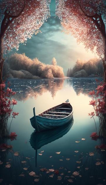 Obraz łodzi na jeziorze z drzewem w tle.