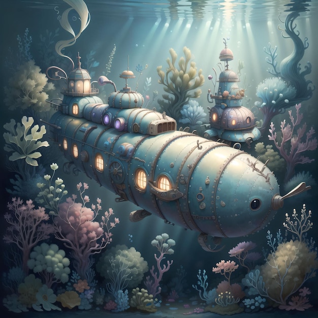 Obraz łodzi podwodnej, na której jest wiele rzeczy.