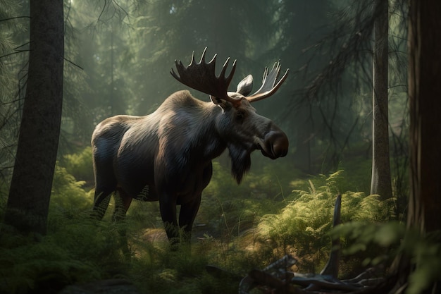 Obraz łosia jelenia stojącego w środku lasu na naturalnym tle Ilustracja dzikich zwierząt Generacyjna sztuczna inteligencja