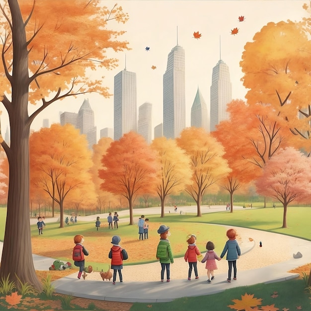 Obraz ludzi chodzących w parku z panoramą miasta na tle jesienią