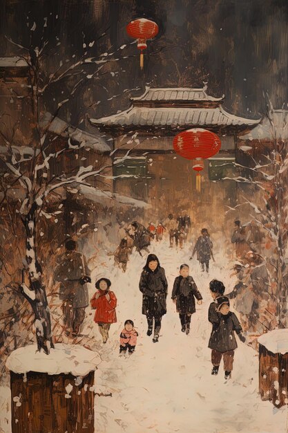 Zdjęcie obraz ludzi chodzących w śnieżnym parku z czerwoną latarnią na tle